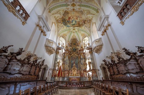 Choir room with basilica insignia of the Maria Brünnlein pilgrimage basilica in rococo style built