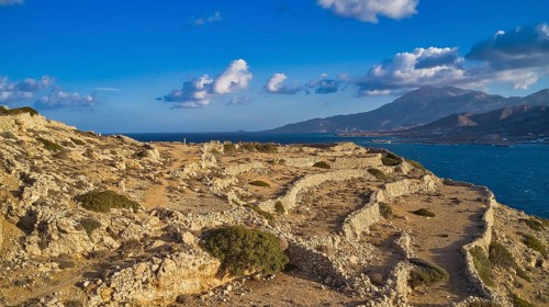 Drone shot, Archaeological site, Ancient ruins on a rocky coast overlooking the sea, Acropolis