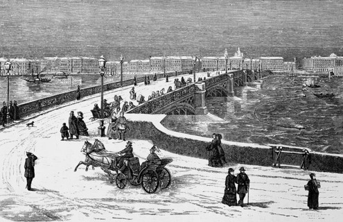View to the bridge over the Neva on the wintry St. Petersburg, snowfall, horse-drawn carriage,