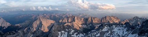 Panorama, Summit of the Mieminger Kette with Hohe Munde and Hochwand at sunset, Impressive rocky