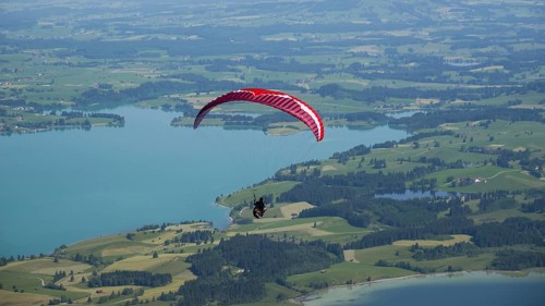 Panorama from the Tegelberg, paragliders, paragliders, behind them the Forggensee, Ostallgaeu,