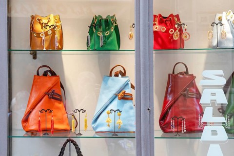 Fashionable handbags on display, Taormina, Sicily, Italy, Europe