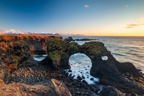 Rock structure, coast near Arnarstapi, Snäfellsnes peninsula, Snæfellsnes, West Iceland, Iceland,