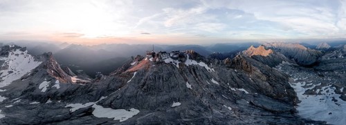 Alpine panorama, aerial view, Zugspitze and Zugspitzplatt with glacier, high mountains, Bavaria,