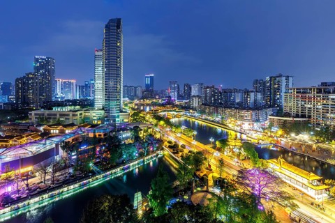Chengdu skyline with Anshun Bridge over Jin River at night in Chengdu, China, Asia