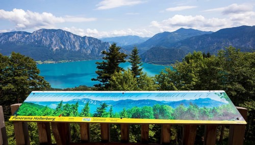 Hollerberg viewing platform on the Hochplettspitz, Attersee with Höllengebirge, Salzkammergut,