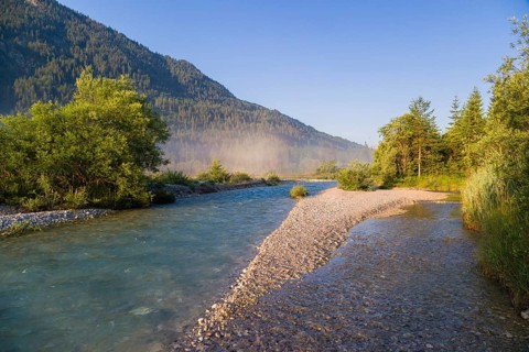 Isar valley nature conservancy area. The wild Isar river flows through its gravel bed past