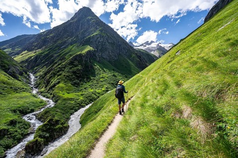 Mountaineers on a hiking trail in the Umbaltal valley, Isel and Daberbach mountain streams,