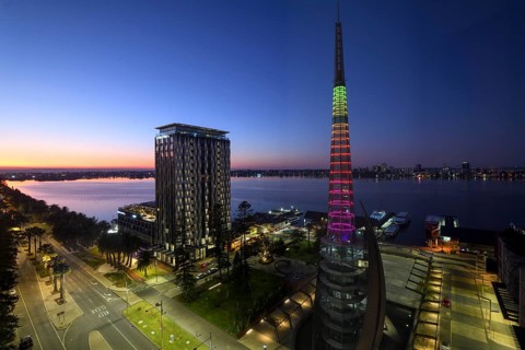 View of the Swan River from the city centre, blue hour, Perth, State of Western Australia,