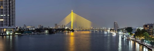 The illuminated Rama VIII Bridge over the Mae Nam Chao Praya, Bangkok, Thailand, Asia