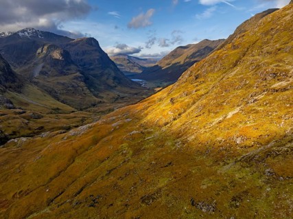 Cloudy mood, morning light, valley, mountains, aerial view, autumn, Glencoe, Three Sisters,
