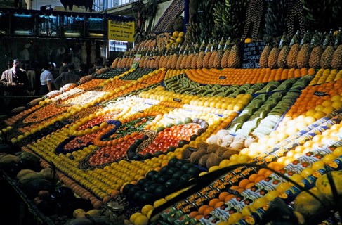 Attractive display of fruit and vegetable stalls, Melbourne, Victoria, Australia, 1956, Oceania