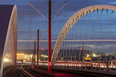 Modern light rail bridge made of carbon from Stuttgarter Straßenbahnen AG over the motorway in the