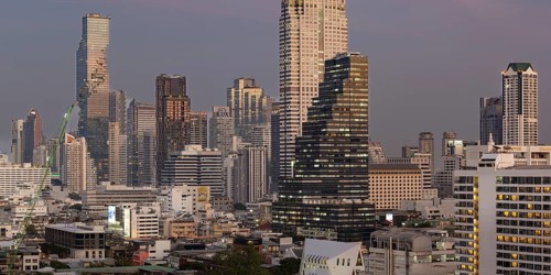 Panorama from the viewing platform of the Iconsiam of the skyscrapers, hotels and the Bang Rak