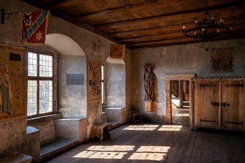 Reception hall in the historic Meersburg Castle, museum, sight, Lake Constance, Lake Constance