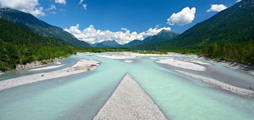 The river Lech in the Lechtal Alps in the Tyrolean Außerfern, gravel banks in the riverbed,