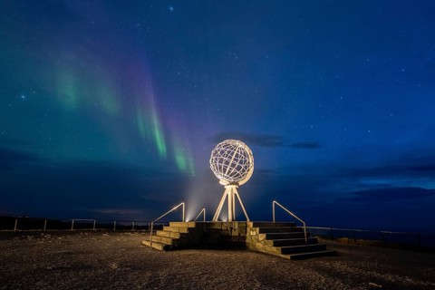 Northern Lights at the North Cape with steel globe, Nordkapp, Finnmark, Norway, Europe