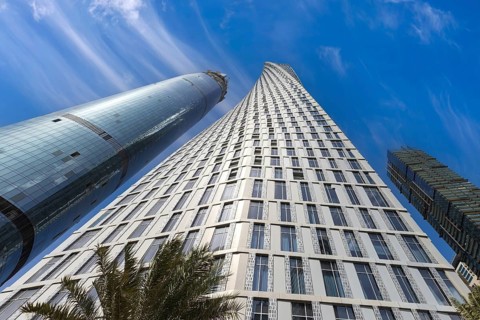 UAE, Dubai panoramic skyline view of city downtown and business district.