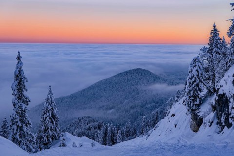 Sunrise snow tour on the Tegelberg in the Allgäu in Bavaria. Winter Wonder Land, Germany, Europe