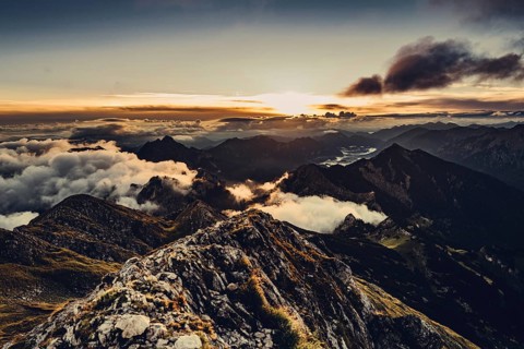 Sunrise hike on the Hochplatte in the Ammergau Alps, Ammergebirge in the Allgäu, Bavaria, Germany,