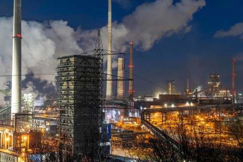 The Thyssenkrupp Steel steelworks in Duisburg-Marxloh, on the Rhine, quenching tower of the coking