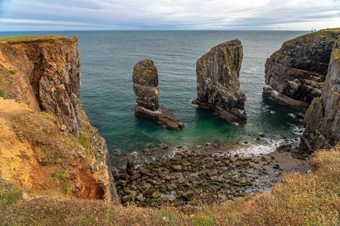Elegug Stacks or Stack Rocks rock formation in the Pembrokeshire Coast National Park,