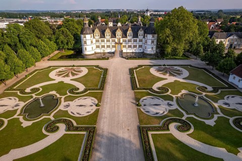 Neuhaus Castle in Paderborn seen from the air, North Rhine-Westphalia, Germany, Europe
