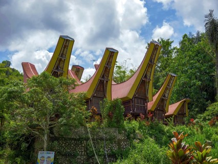 Traditional houses with curved roofs, village in Tana Toraja, Sulawesi, Indonesia, Asia