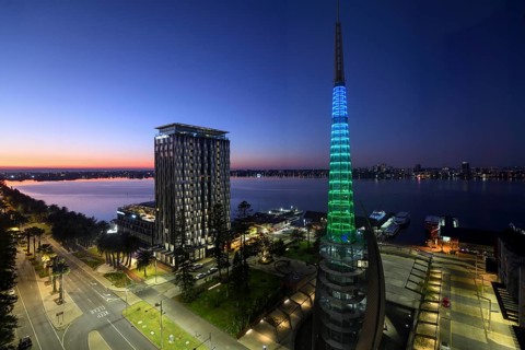 View of the Swan River from the city centre, blue hour, Perth, State of Western Australia,