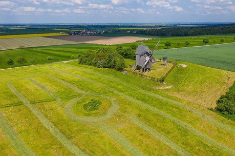 Aerial view of Liebschützberg with buck windmill, in the background the district of Laas, district