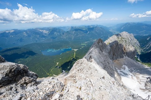 Mountain landscape, view from the summit of the Zugspitze, view of Eibsee lake and mountain ridge