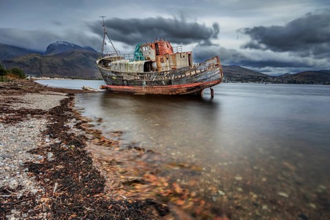 Shipwreck, coast, sea, mountains, long exposure, cloudy, autumn, Corpach Shipwreck, Corpach, Fort