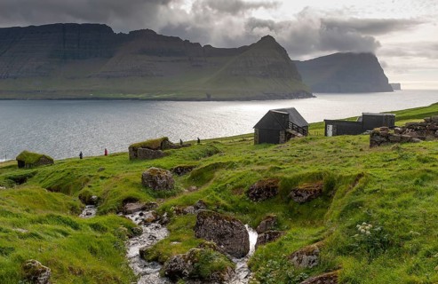 Stream, fields, huts, view from Vidareidi, Vidoy Island, Viðareiði, Viðoy Island to Borðoy, Kunoy