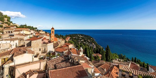 View of Roquebrune, Roquebrune-Cap-Martin, Sea, Côte d'Azur, Mediterranean Sea, France, Europe