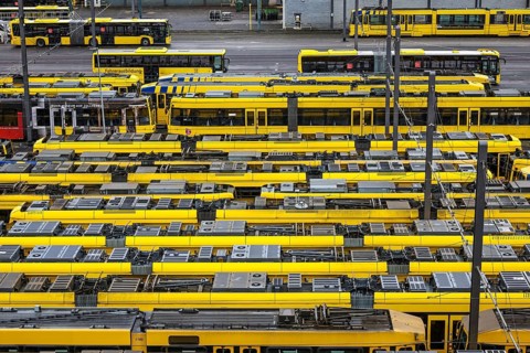 Essen, North Rhine-Westphalia, Germany, Trams at Ruhrbahn depot, Verdi and EVG warning strike,