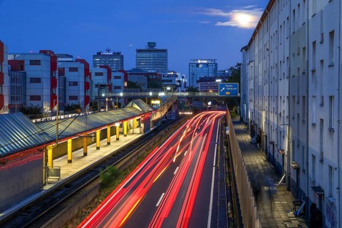 Essen, North Rhine-Westphalia, Germany, A40 motorway in the city centre at dusk. Deserted