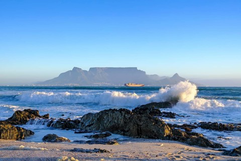 From Bloubergstrand to the silhouette of Cape Town, Cape Town, with Table Mountain, Cape Town,