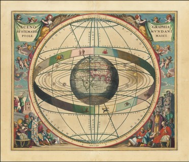 Celestial map, Scenographia Systematis Mundani Ptolemaici, 1660, digital improved reproduction of a