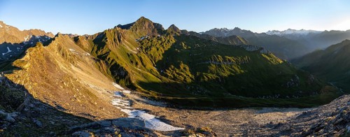 Mountain landscape at sunrise, view of mountain peaks of the Venediger group and into the