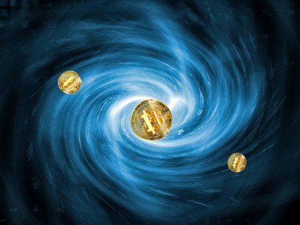 Golden Bitcoin coins floating in a blue, swirling galactic background, symbolic image, insecure