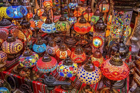 Colourful glass lamps in the souk of Mutrah, Muscat, Arabian Peninsula, Sultanate of Oman