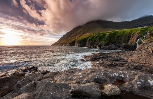 Coast with cliffs and mountains, sea, Vidareidi, Vidoy Island, Viðareiði, Viðoy Island, Faroe