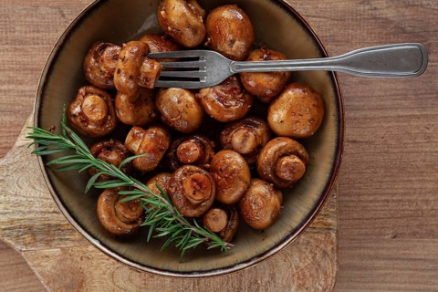 Fried mushrooms, with spices, in soy sauce, vegetarian food, homemade, no people