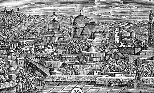View of Jerusalem seen from the Latin Monastery, Church of the Holy Sepulchre (1), Omar Mosque (2),