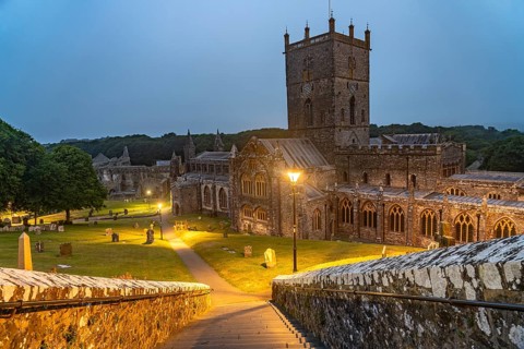 St Davids Cathedral at dusk, Wales, Great Britain