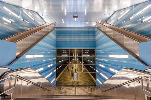 Hochbahn Hamburg metro metro station at Überseequartier station in Hamburg, Germany, Europe