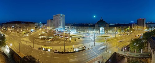 Aerial view, Bahnhofsplatz from left: Grandhotel, The Cloud One Hotel, central station, Diehl & Co