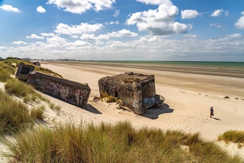 World War II bunker on the beach at Leffrinckoucke on the Côte d'Opale or Opal Coast, France,