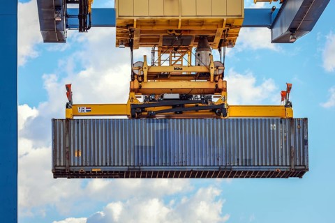 Duisburg, North Rhine-Westphalia, Germany, containers are loaded onto a goods train in the port of