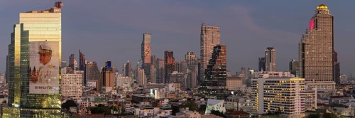 Panorama from the viewing platform of the Iconsiam on CAT Tower with huge billboard of the Thai
